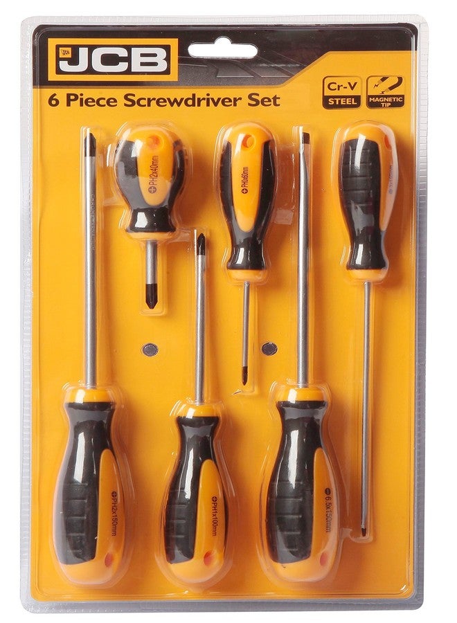مجموعة مفكات براغي JCB Tools مكونة من 6 قطع: PH0X60، PH1X100، PH2x150 مم، PH2X40، 3X150، 6.5X150، عمود من فولاذ الكروم والفاناديوم، مطلي بالكروم، 22025725